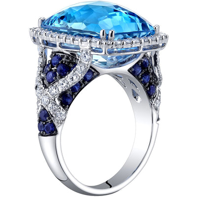 17.50 carats Swiss Blue Topaz Diamond and Sapphire Ring 14K White Gold