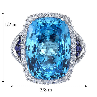 17.50 carats Swiss Blue Topaz Diamond and Sapphire Ring 14K White Gold