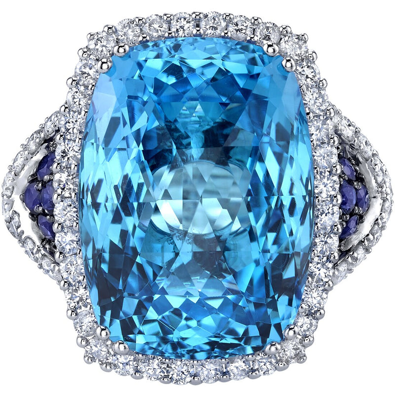 17.50 carats Swiss Blue Topaz Diamond and Sapphire Ring 14K White Gold