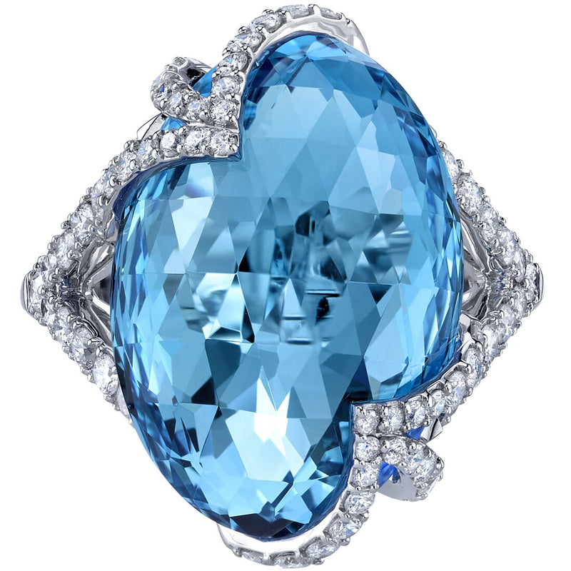 17.00 carats Swiss Blue Topaz Diamond Celestial Ring 14K White Gold