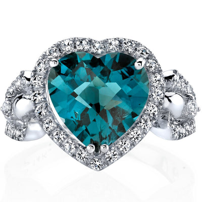 London Blue Topaz Heart Shape Halo Ring in 14K White Gold 4 Carats