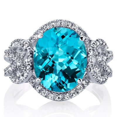 Swiss Blue Topaz Halo Statement Ring in 14K White Gold 4 Carats Oval Shape