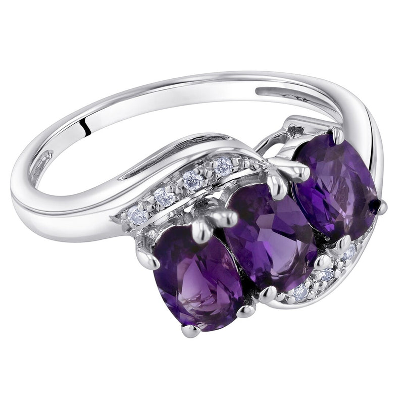 14K White Gold Genuine Amethyst And Diamond Three Stone Anniversary Ring 1 25 Carats Oval Shape Sizes 5 To 9 R63028 alternate view and angle
