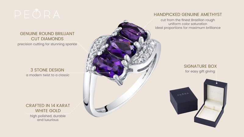 14K White Gold Genuine Amethyst And Diamond Three Stone Anniversary Ring 1 25 Carats Oval Shape Sizes 5 To 9 R63028 infographic with additional information