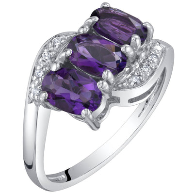 14K White Gold Genuine Amethyst and Diamond Three Stone Anniversary Ring 1.25 Carats Oval Shape Sizes 5 to 9