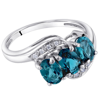 14K White Gold Genuine London Blue Topaz And Diamond Three Stone Anniversary Ring 1 50 Carats Oval Shape Sizes 5 To 9 R63030 alternate view and angle