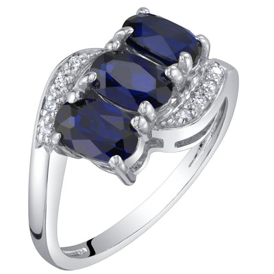 14K White Gold Created Blue Sapphire and Diamond Three Stone Anniversary Ring 1.50 Carats Oval Shape Sizes 5 to 9