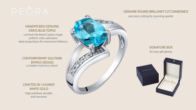 14K White Gold Genuine Swiss Blue Topaz And Diamond Solitaire Bypass Oval Ring 1 25 Carats Sizes 5 To 9 R63038 infographic with additional information
