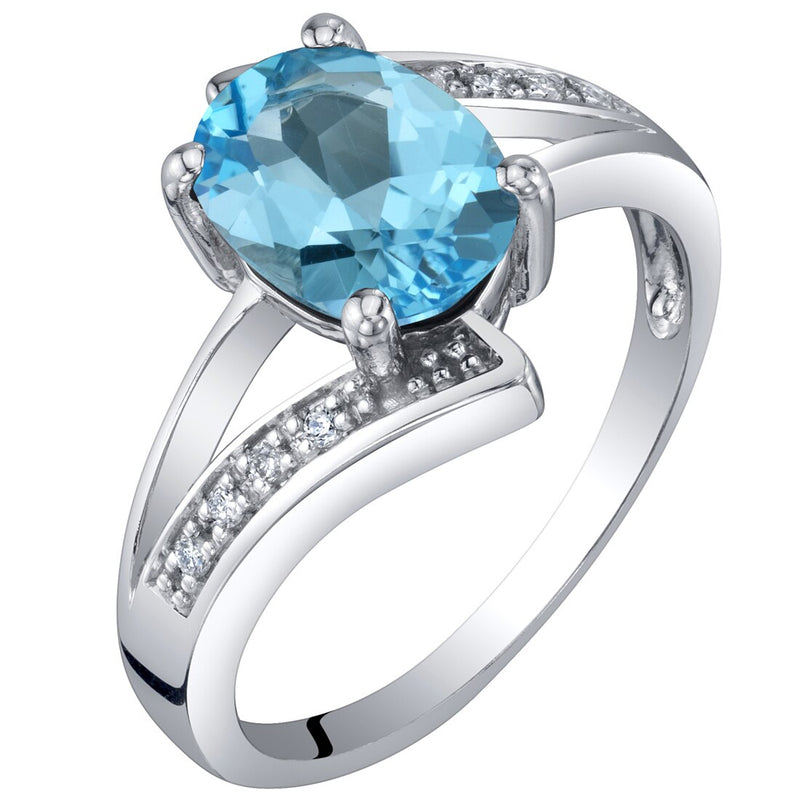 Swiss Blue Topaz and Diamond Bypass Ring 14K White Gold 1.25 Carats Oval Shape