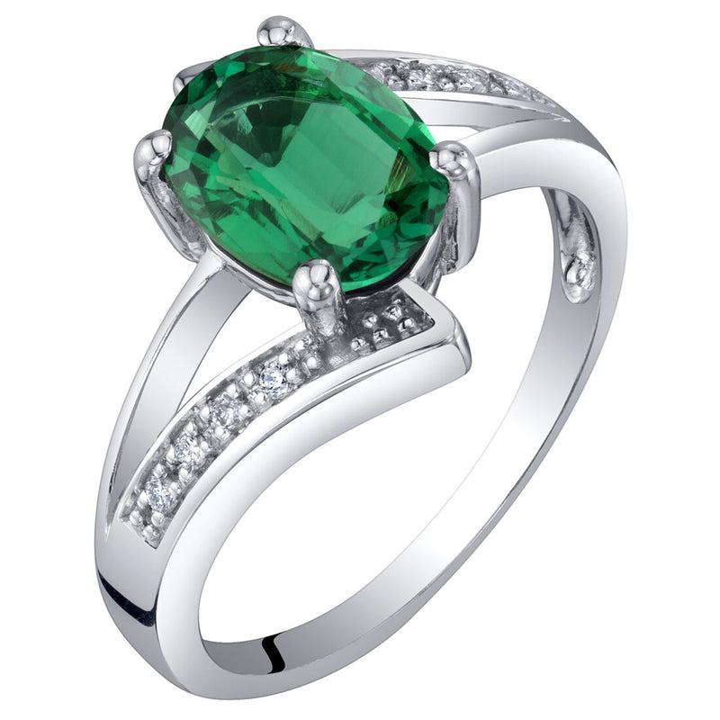 14K White Gold Created Emerald and Diamond Solitaire Bypass Oval Ring 1.25 Carats Sizes 5 to 9