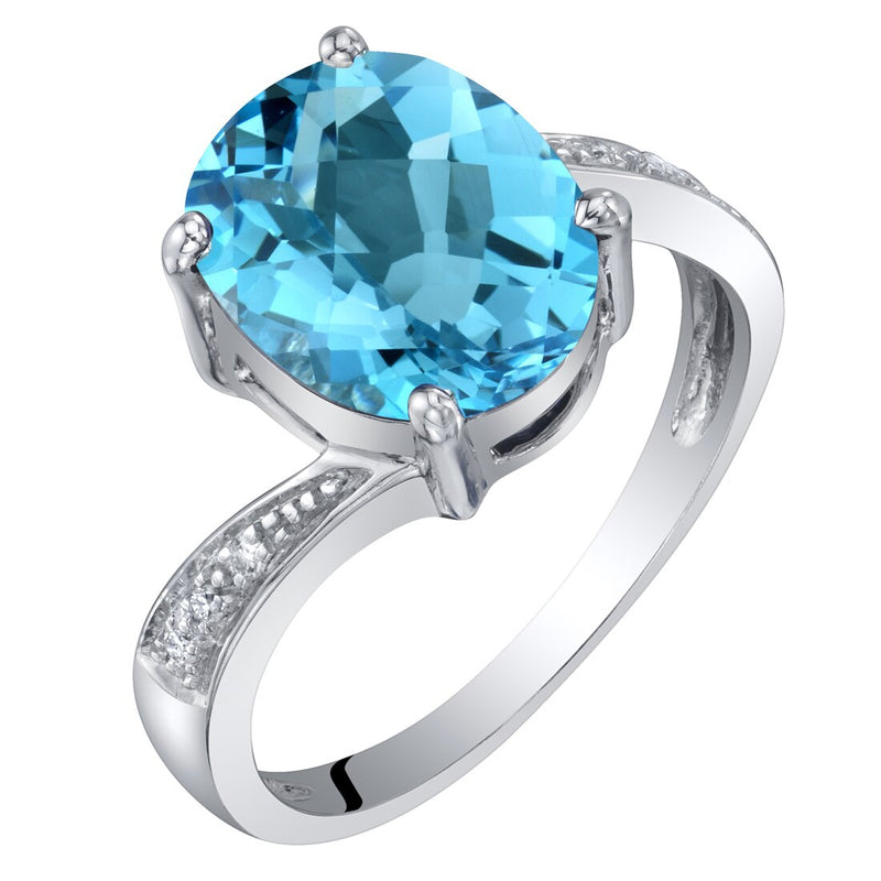 Swiss Blue Topaz and Diamond Solitaire Ring 14K White Gold 3 Carats Oval Shape