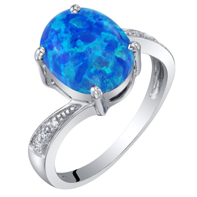 Blue Opal and Diamond Solitaire Ring 14K White Gold 1.25 Carats Oval Shape