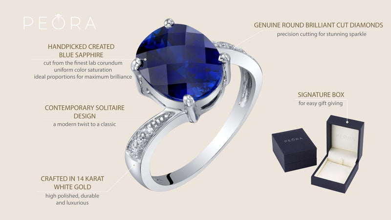 14K White Gold Created Blue Sapphire And Diamond Solitaire Ring 3 50 Carats Oval Shape Sizes 5 To 9 Sizes 5 To 9 R63050 infographic with additional information