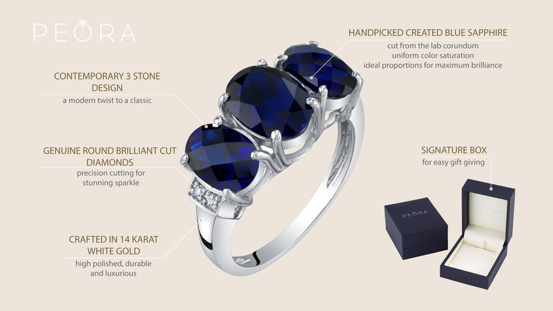 14K White Gold Created Blue Sapphire And Diamond Three Stone Triune Ring 3 Carats Sizes 5 To 9 R63054 infographic with additional information