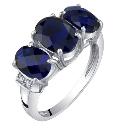 14K White Gold Created Blue Sapphire and Diamond Three Stone Oval Triune Ring 3 Carats Sizes 5 to 9