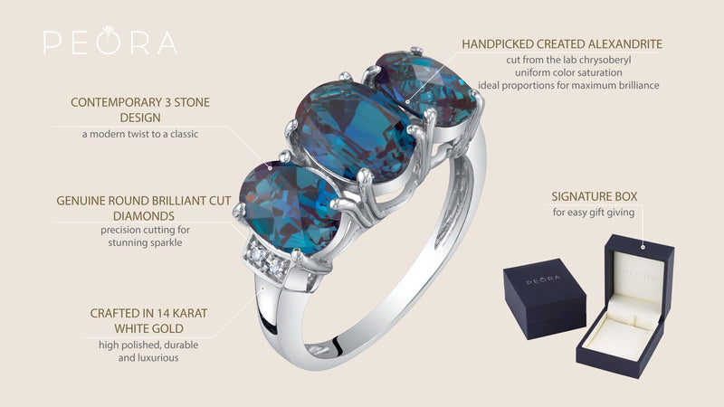 14K White Gold Created Alexandrite And Diamond Three Stone Triune Ring 2 75 Carats Sizes 5 To 9 R63056 infographic with additional information
