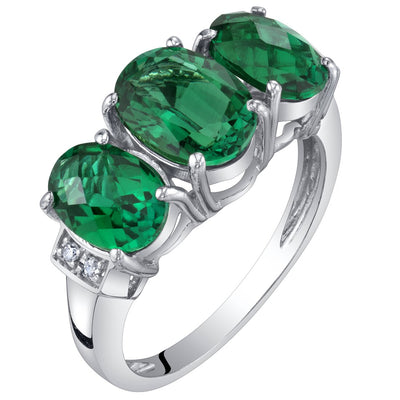 3-Stone Emerald and Diamond Ring 14K White Gold 2 Carats Oval Shape