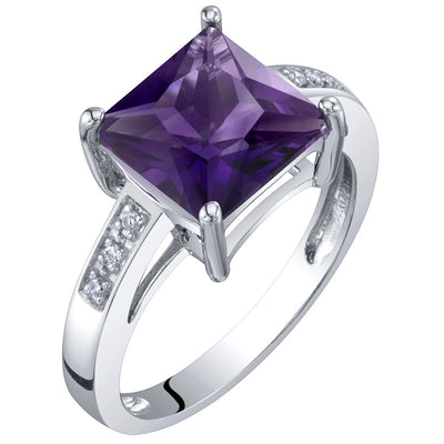 Princess Cut Amethyst and Diamond Solitaire Ring 14K White Gold 2 Carats
