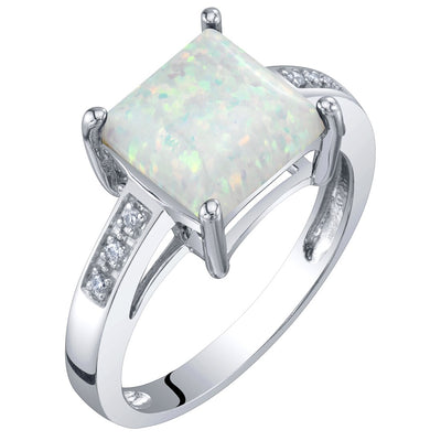 Princess Cut Opal and Diamond Solitaire Ring 14K White Gold