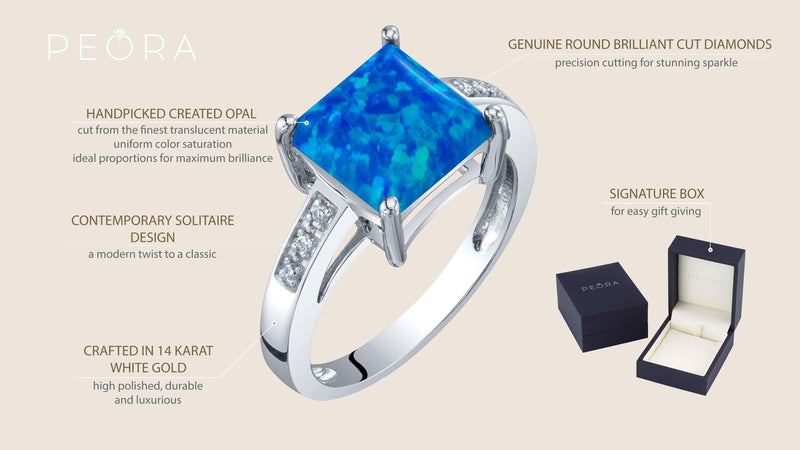 14K White Gold Created Blue Opal And Diamond Princess Cut Solitaire Ring 1 Carat Sizes 5 To 9 R63066 infographic with additional information