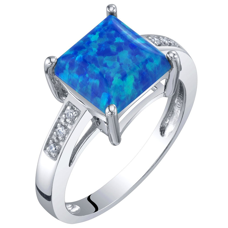 Princess Cut Blue Opal and Diamond Solitaire Ring 14K White Gold