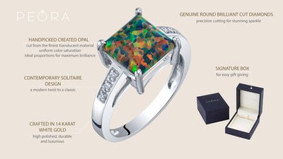 14K White Gold Created Black Opal And Diamond Princess Cut Solitaire Ring 1 Carat Sizes 5 To 9 R63068 infographic with additional information