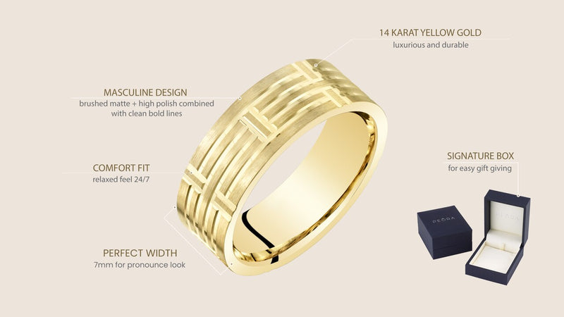 Mens 14K Yellow Gold Wedding Ring Band 7Mm Geometric Style Comfort Fit Sizes 8 To 14 R63070 on a model or additional view