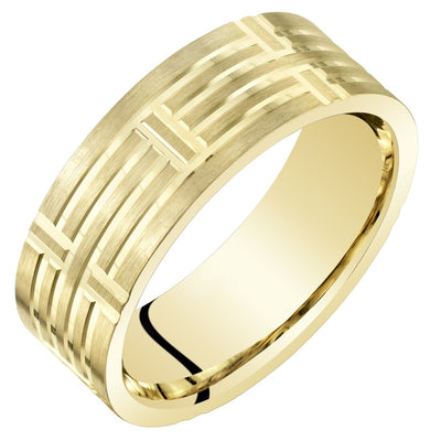 Men's 7mm Geometric Wedding Ring Band 14K Yellow Gold Comfort Fit
