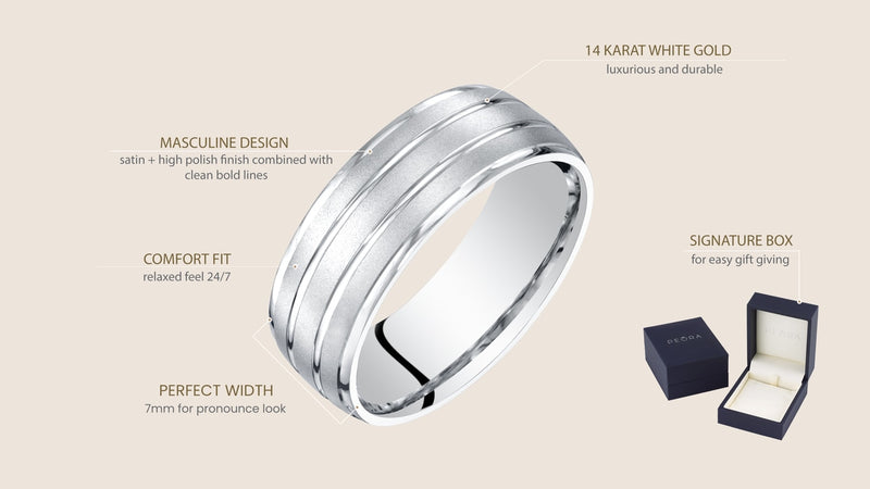 Mens 14K White Gold Wedding Ring Band 7Mm Satin Finish Comfort Fit Sizes 8 To 14 R63078 on a model or additional view