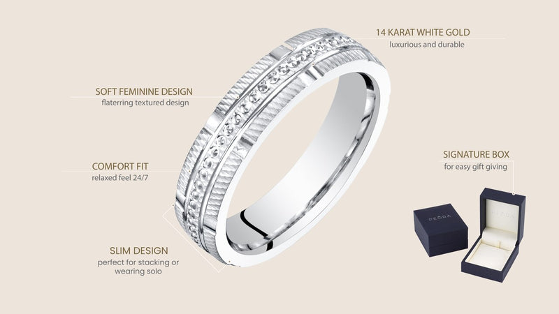 Womens 14K White Gold 4Mm Textured Wedding Anniversary Ring Band Sizes 4 To 9 R63084 infographic with additional information