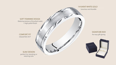 Womens 14K White Gold 4Mm Wedding Anniversary Ring Band Brushed Matte Inlay Size 4 To 9 R63086 infographic with additional information