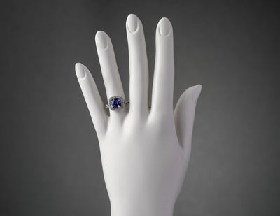 Igi Certified Tanzanite And Diamond 14K White Gold Ring 3 65 Carats Total Cushion Cut R63092 on a model