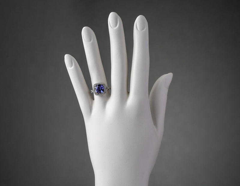 Igi Certified Tanzanite And Diamond 14K White Gold Ring 3 65 Carats Total Cushion Cut R63092 on a model