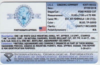 Igi Certified Aquamarine And Diamond 14K White Gold Ring 1 94 Carats Total Pear Shape R63096 additional view, angle, and on model