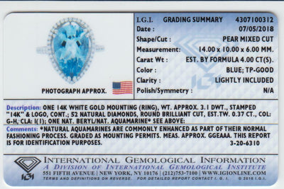 Igi Certified Aquamarine And Diamond 14K White Gold Ring 4 37 Carats Total Pear Shape R63100 additional view, angle, and on model