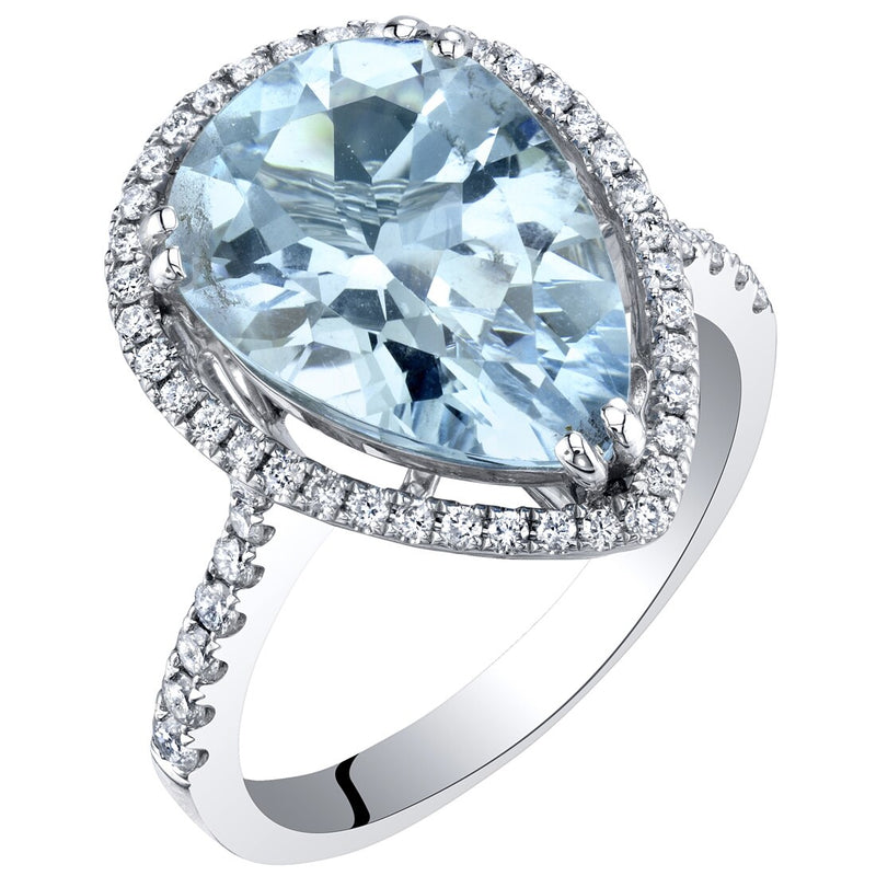 IGI Certified Pear Shape Aquamarine and Diamond Teardrop Ring 14K White Gold 4.35 Carats Total