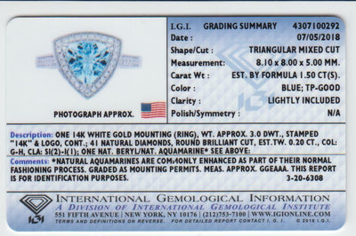Igi Certified Aquamarine And Diamond 14K White Gold Ring 1 70 Carats Total Trillion Cut R63104 additional view, angle, and on model