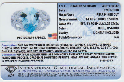 Igi Certified Aquamarine And Diamond 14K White Gold Ring 4 11 Carats Total Pear Shape R63106 additional view, angle, and on model