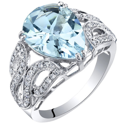 IGI Certified Pear Shpae Aquamarine and Diamond Ring 14K White Gold 4.10 Carats Total