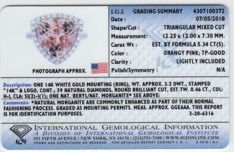 Igi Certified Morganite And Diamond 14K White Gold Ring 5 80 Carats Total Trillion Cut R63110 additional view, angle, and on model