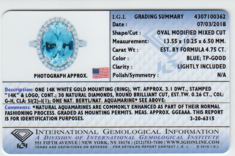 Igi Certified Aquamarine And Diamond 14K White Gold Ring 5 01 Carats Total Oval Shape R63112 additional view, angle, and on model