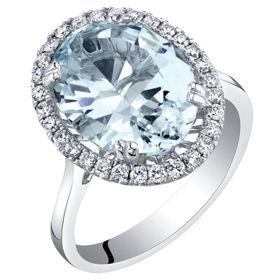 IGI Certified Aquamarine and Diamond Halo Ring 14K White Gold 4.75 Carats Total Oval Shape