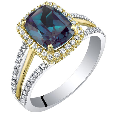 14K Gold Created Alexandrite and Lab Grown Diamond Two-Tone Ring 3.19 Carats Total Cushion Cut