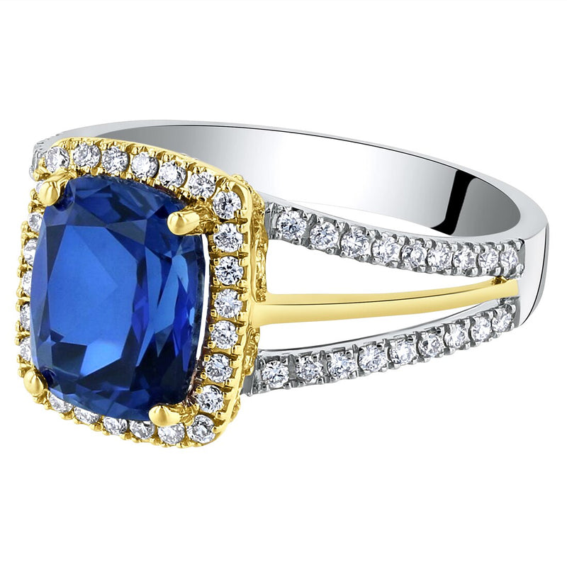 14K Gold Created Sapphire And Lab Grown Diamond Two Tone Ring 3 44 Carats Total Cushion Cut R63116 alternate view and angle