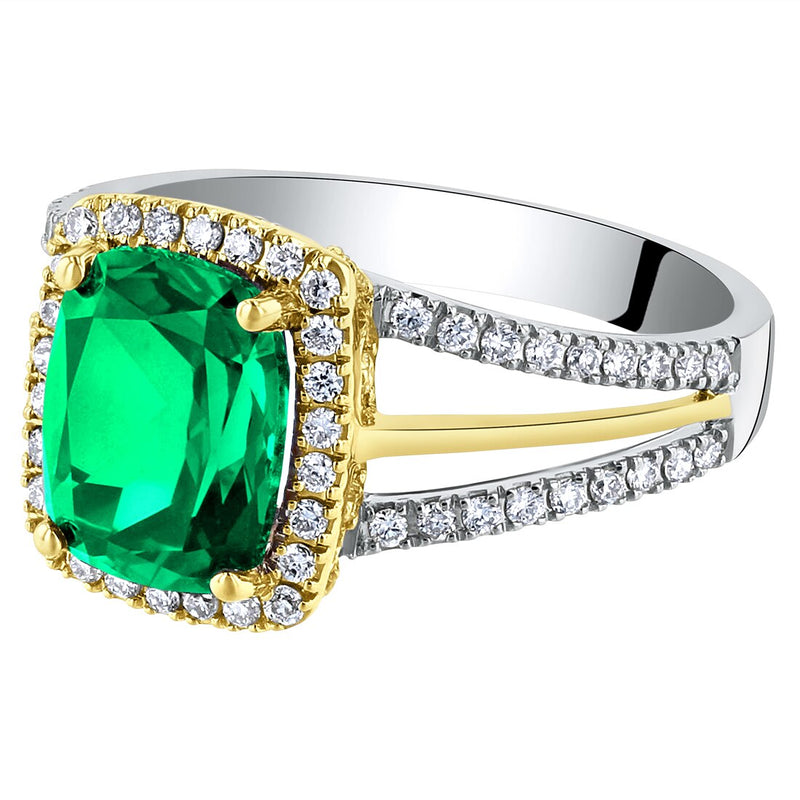 14K Gold Created Colombian Emerald And Lab Grown Diamond Two Tone Ring 2 44 Carats Total Cushion Cut R63118 alternate view and angle