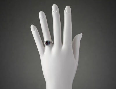 14K White Gold Created Alexandrite And Lab Grown Diamond Ring 4 02 Carats Total Pear Shape R63120 on a model