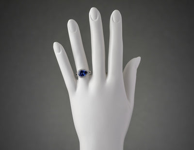 14K White Gold Created Sapphire And Lab Grown Diamond Ring 4 27 Carats Total Pear Shape R63122 on a model