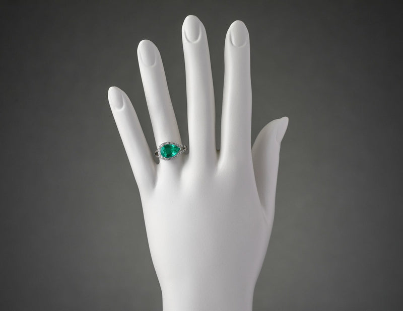 14K White Gold Created Colombian Emerald And Lab Grown Diamond Ring 3 02 Carats Total Pear Shape R63124 on a model