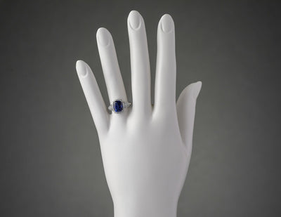 14K White Gold Created Sapphire And Lab Grown Diamond Ring 4 79 Carats Total Cushion Cut R63128 on a model