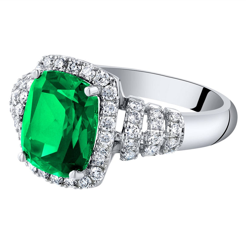 14K White Gold Created Colombian Emerald And Lab Grown Diamond Ring 3 29 Carats Total Cushion Cut R63130 alternate view and angle